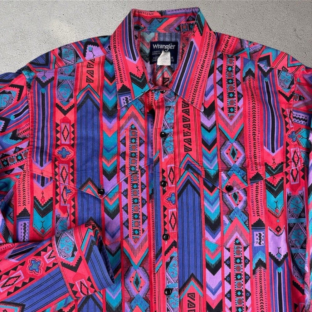 Vtg Wrangler Brushpopper Shirt Mens 2XL 18 36 Aztec Southwest Western Cowboy